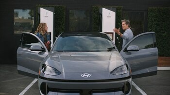 It’s Time to Go Electric | Screen grab of Hyundai’s TV ad featuring Sosie Bacon (left) and Kevin Bacon (right) charging the IONIQ 6. - All-New Marketing Campaign For Hyundai's IONIQ 6 Explains Why It's Time To Go Electric