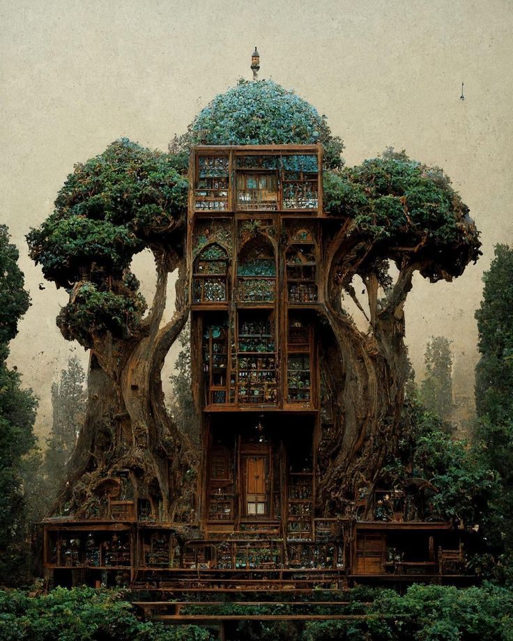 A.I The "MidJourney" Archives-Persian Architecture Merged With A Grand Tree In Dense Forest