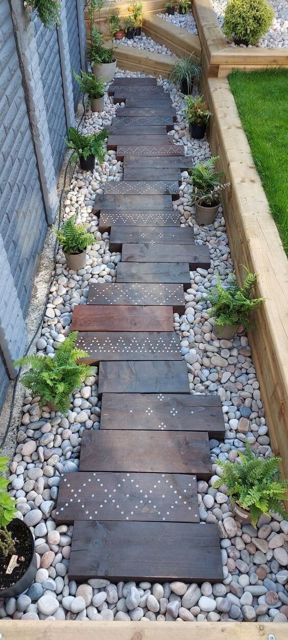 Natural Pebble And Wooden Ground For Side Yard | Side Yard Landscaping, Backyard Landscaping, Backyard Landscaping Designs